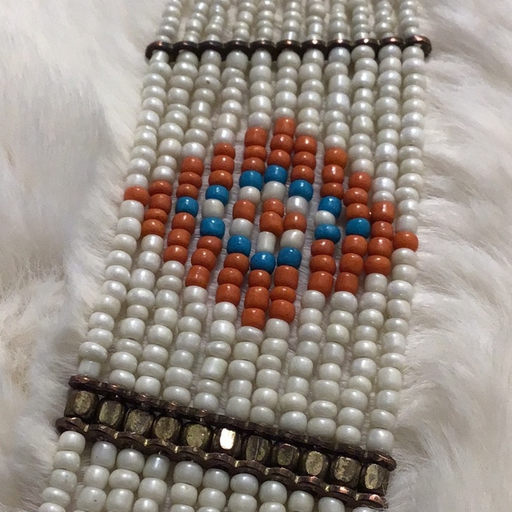South Western Style Native American Beaded Turquoise and Brass Beaded Necklace - Picture 7 of 8